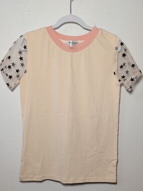 Nora Madison Ringer Tee with Mesh Star Sleeves Orange Pink Black Girls Size 8/9